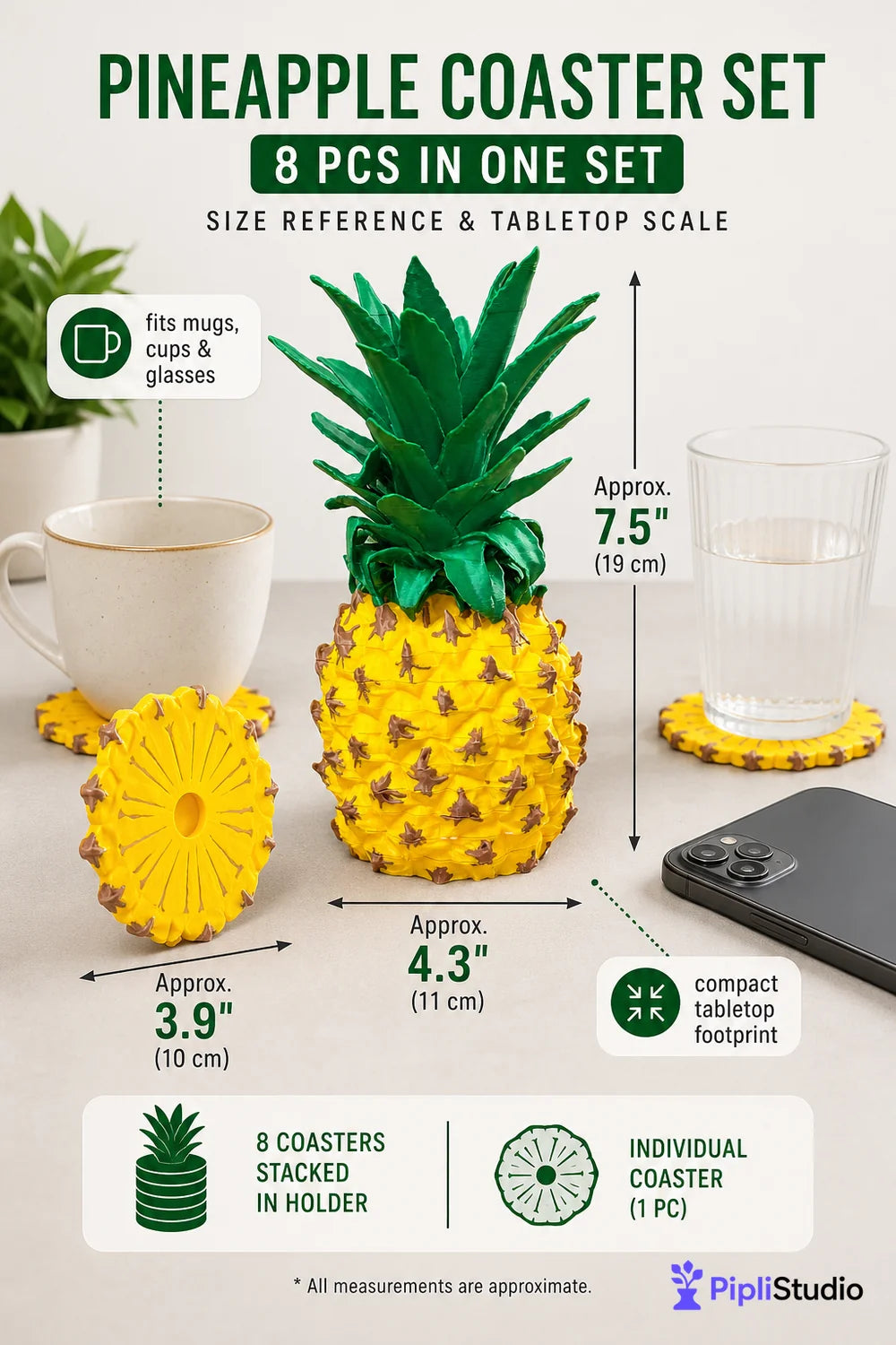 Afnan Gifts Pineapple Coaster Set (8 Pcs In One Set)